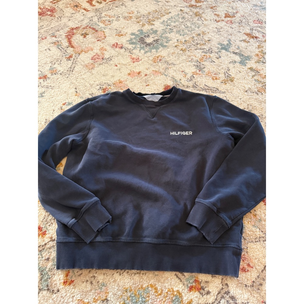 Tommy Hilfiger Mens Navy Blue Embroidered Logo Crewneck Sweatshirt Large Y2k